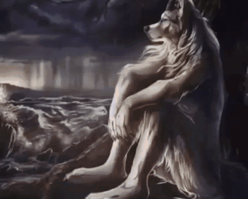 Painting Of Werewolf Sitting On Rock Near Water GIF