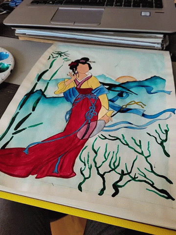 Painting Of Woman In Red Dress On Laptop GIF