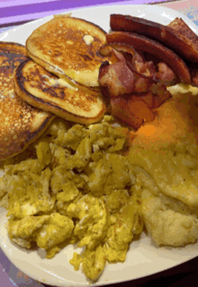 Pancakes Scrambled Eggs Bacon Cheese On White Plate GIF
