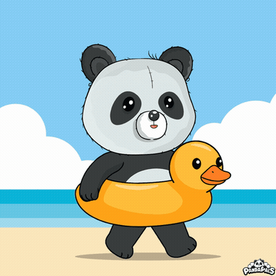 Panda Bear Carrying Yellow Rubber Duck On Beach GIF