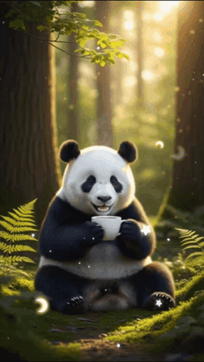 Panda Bear Drinking Coffee In Forest GIF