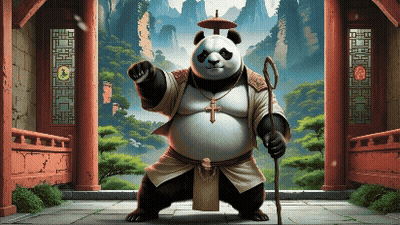 Panda Bear Holding Cane And Umbrella On Head GIF