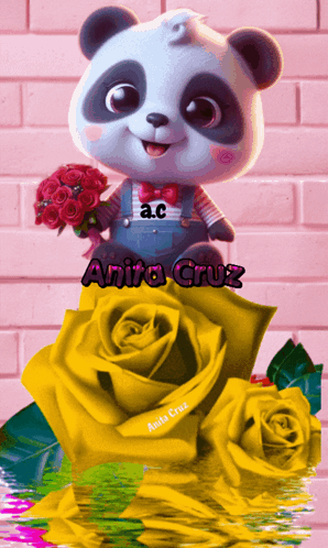 Panda Bear Holding Roses GIF