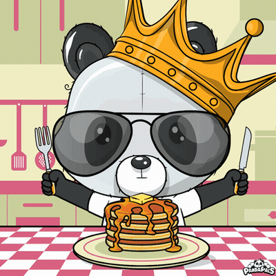 Panda Bear In Crown And Sunglasses With Fork And Knife Over Pancakes GIF