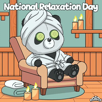 Panda Bear Sitting In Chair With Cucumber Slices On Eyes GIF