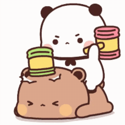 Panda Bear Sitting On Brown Bear Holding Two Cans GIF