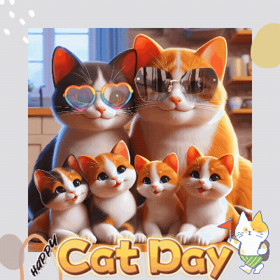 Panda Bear Sitting On Polka Dot Chair With Three Kittens For National Cat Day GIF