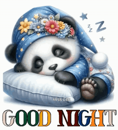 Panda Bear Sleeping on Pillow Saying Good Night