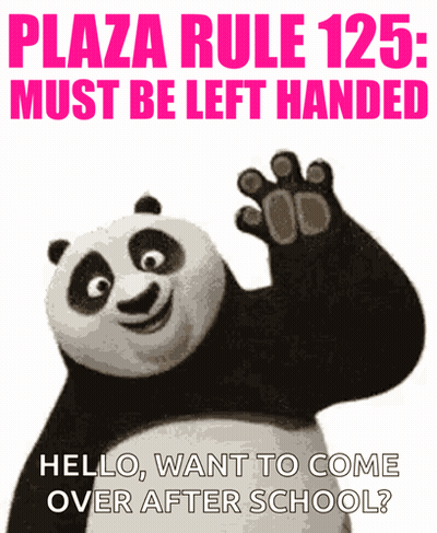Panda Bear Waving in Front of Plaza Rule 125 Sign
