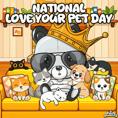 Panda Bear Wearing Crown Surrounded By Cats And Dog On Couch For National Love Your Pet Day GIF