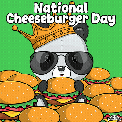 Panda Bear With Crown And Sunglasses Holding Cheeseburger GIF
