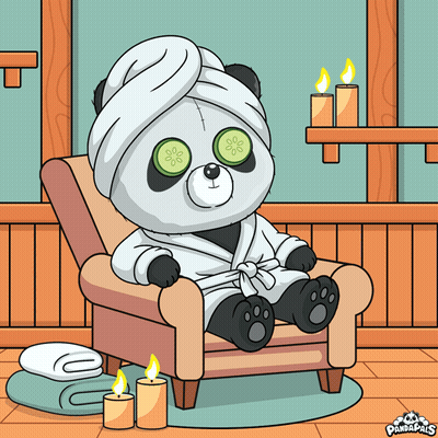 Panda Bear With Cucumber Slices On Eyes Sitting In Chair GIF