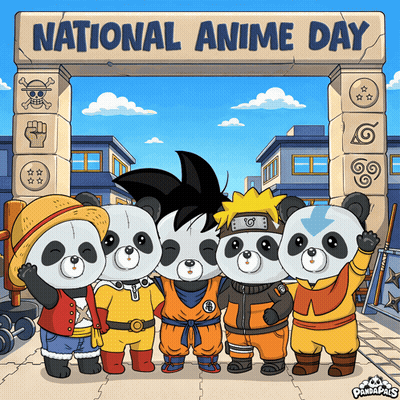 Panda Bears In Front Of National Anime Day Sign GIF