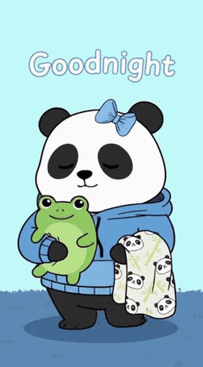 Panda Holding Frog And Goodnight Blanket GIF