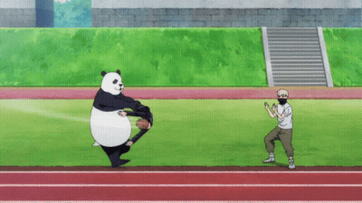 Panda Holding Person Upside Down Near Man In White Shirt GIF