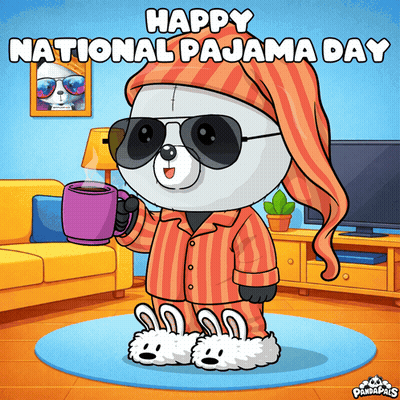 Panda In Pajamas Holding Coffee For National Pajama Day GIF