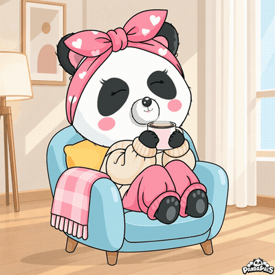Panda In Pink Headband Sitting With Coffee GIF