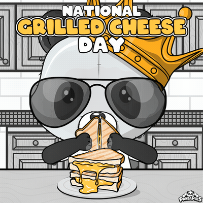 Panda In Sunglasses And Crown Eating Sandwich For National Grilled Cheese Day GIF
