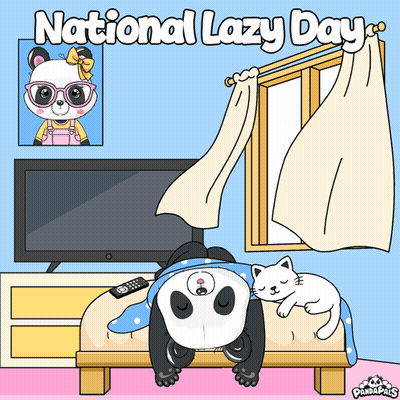 Panda Laying On Bed With Sleeping Cat GIF