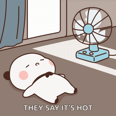 Panda Lying Under Fan Saying It's Hot GIF