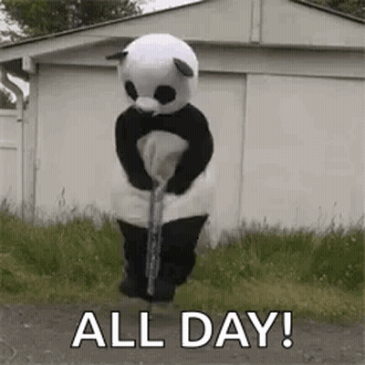 Panda Mascot Jumping On Pogo Stick In Grass GIF