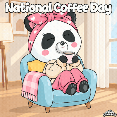Panda Sitting In Chair Drinking Coffee GIF