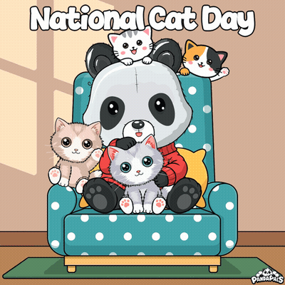 Panda Sitting On Polka Dot Chair With Three Kittens For National Cat Day GIF