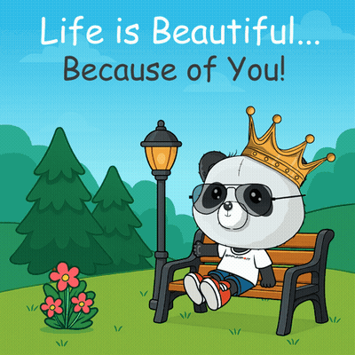 Panda Wearing Crown Sitting On Bench GIF