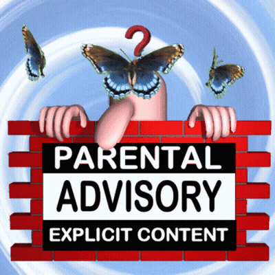 Parental Advisory Explicit Content Sign With Butterfly And Question Mark GIF