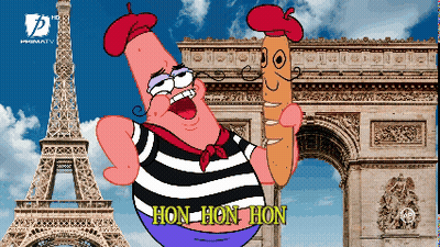 Patrick Holding Bread In Front Of Eiffel Tower Saying Hon Hon Hon GIF
