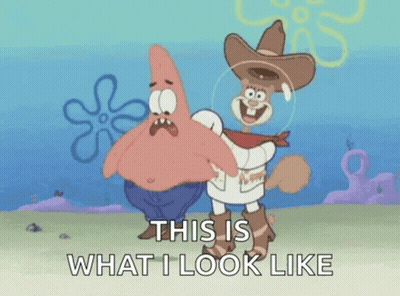 Patrick Star And Sandy Cheeks From Spongebob Squarepants Are Standing Next To Each Other And Talking About What They Loo GIF