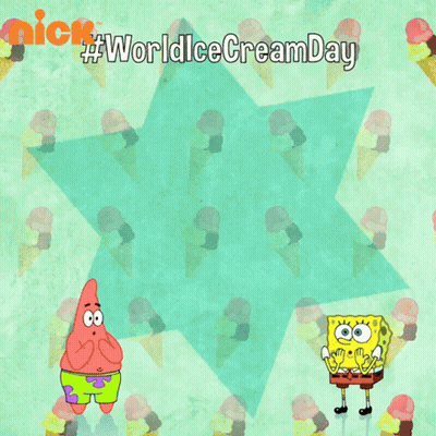 Patrick Star And Spongebob Say Happy World Ice Cream Day On A Poster GIF