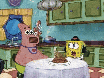 Patrick Star And SpongeBob Sitting At Table With Cake GIF