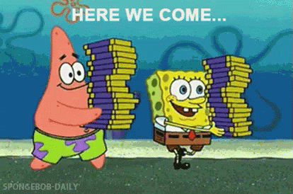 Patrick Star And Spongebob Squarepants Are Carrying A Stack Of Books . GIF
