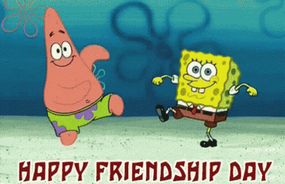 Patrick Star And Spongebob Squarepants Are Dancing On A Friendship Day Card GIF