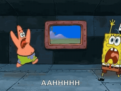 Patrick Star And Spongebob Squarepants Are Jumping In The Air In A Room . GIF