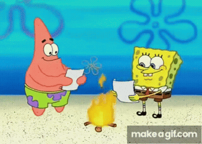 Patrick Star And Spongebob Squarepants Are Standing Next To Each Other On The Beach Holding Papers In Front Of A Fire . GIF