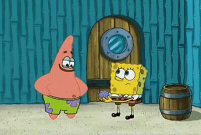 Patrick Star And SpongeBob SquarePants Standing By Wooden Door GIF