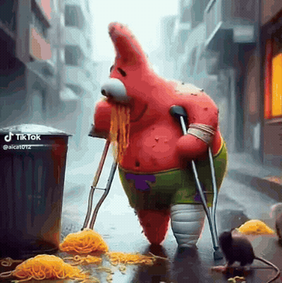 Patrick Star Eating Noodles With Crutches And Mouse GIF