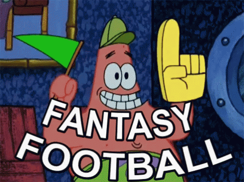Patrick Star From Spongebob Is Holding A Green Flag And A Yellow Finger With The Words Fantasy Football Below Him GIF