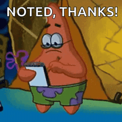 Patrick Star From Spongebob Is Holding A Notepad With The Words Noted Thanks Written Below Him GIF
