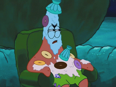 Patrick Star From Spongebob Is Sitting In A Chair With Donuts On His Shirt GIF