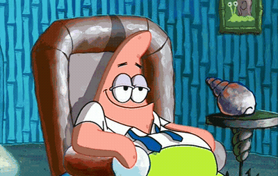patrick star from spongebob is sitting in a chair with his eyes closed