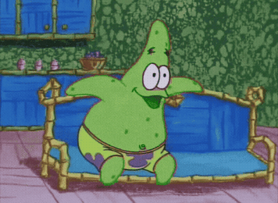 Patrick Star From Spongebob Is Sitting On A Blue Couch GIF