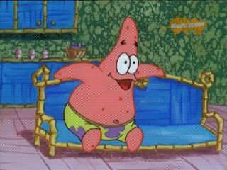 Patrick Star From Spongebob Is Sitting On A Blue Couch With His Mouth Open GIF