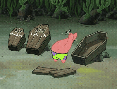 Patrick Star From Spongebob Is Standing In Front Of Three Coffins That Say Rip Patrick GIF