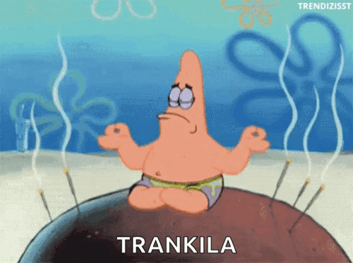 Patrick Star From Spongebob Sits On A Rock With Smoke Coming Out Of His Hands And The Word Trankila Written Below Him GIF