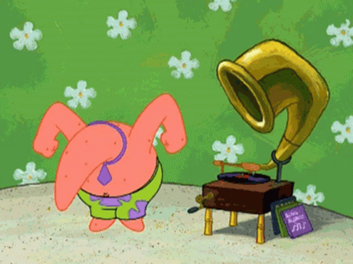 Patrick Star From Spongebob Squarepants Dancing In Front Of A Record Player GIF