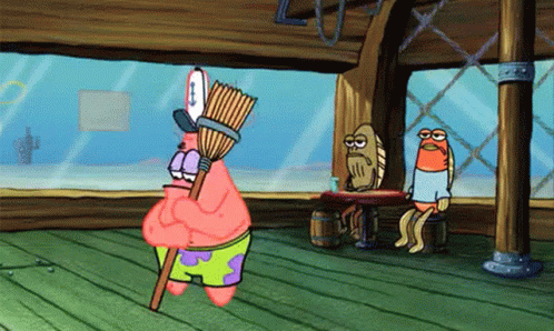 Patrick Star From Spongebob Squarepants Is Holding A Broom In A Room GIF