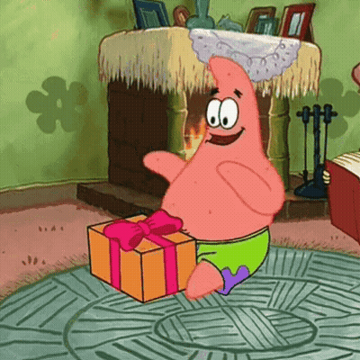 patrick star from spongebob squarepants is holding a gift box in his hand .